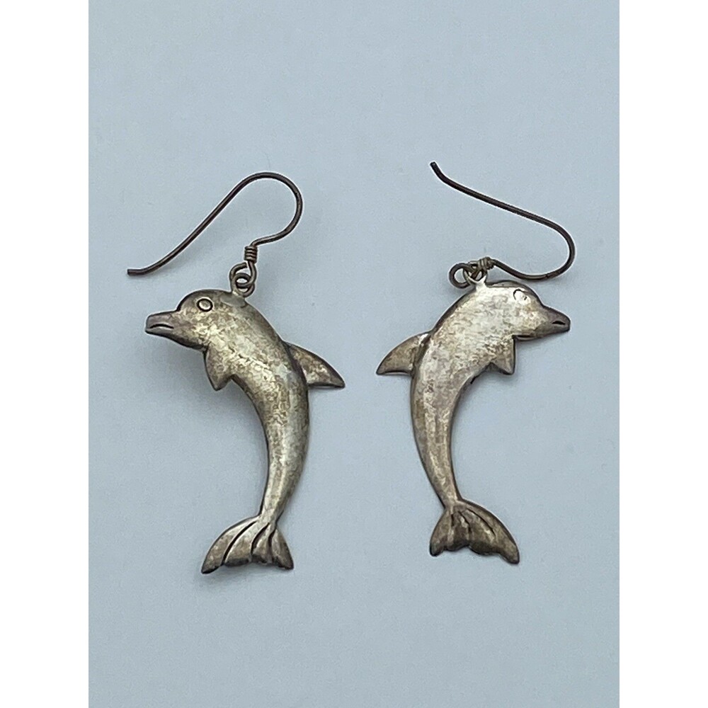 Vintage Dolphin Earrings 925 Sterling Silver Drop Dangle